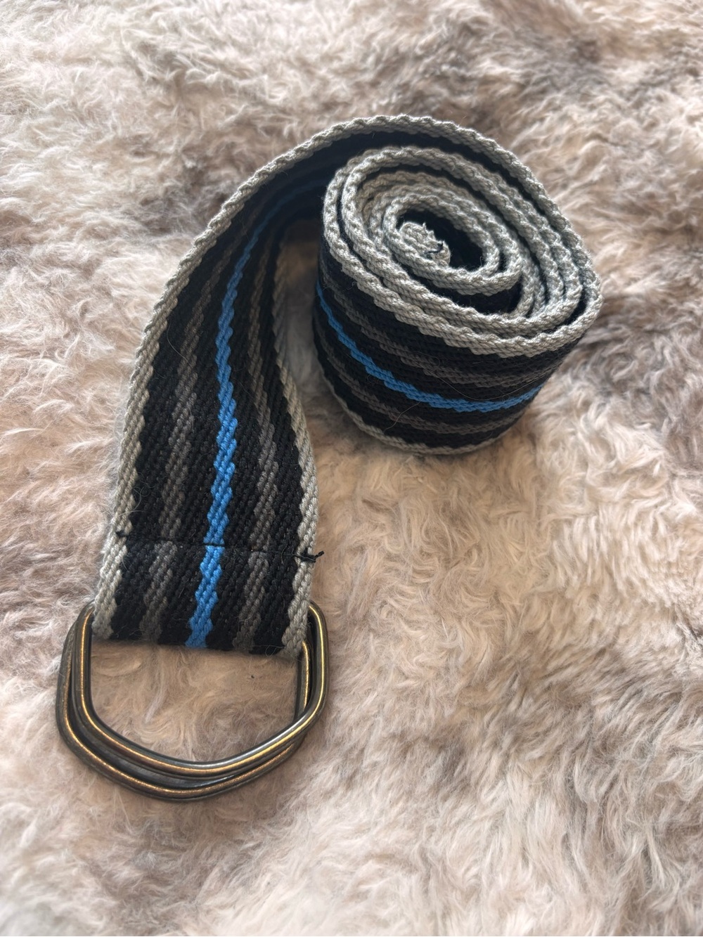 Woven Stripe Webbing Belt in Black, Gray & Blue - Classic D-Ring Closure